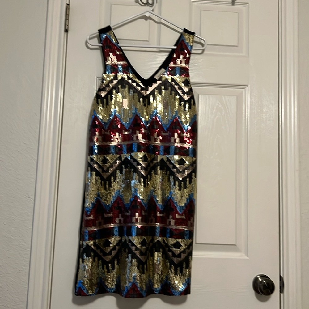 NWT EVERLY Sequin Aztec V-Neck Mini Shift Dress